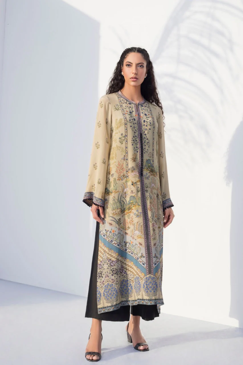 Beige Column Kurta With Black Rawsilk Culottes - Image 2