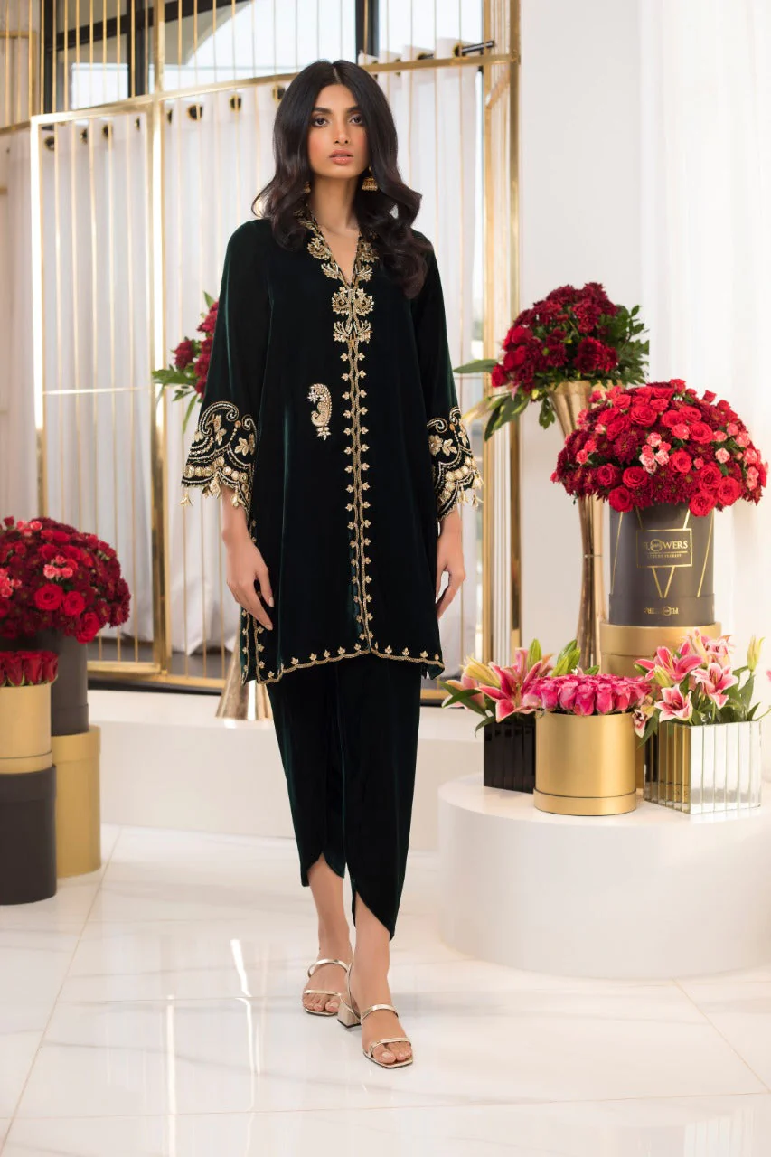 Emerald Front Open Kurta with Shalwar - Image 2