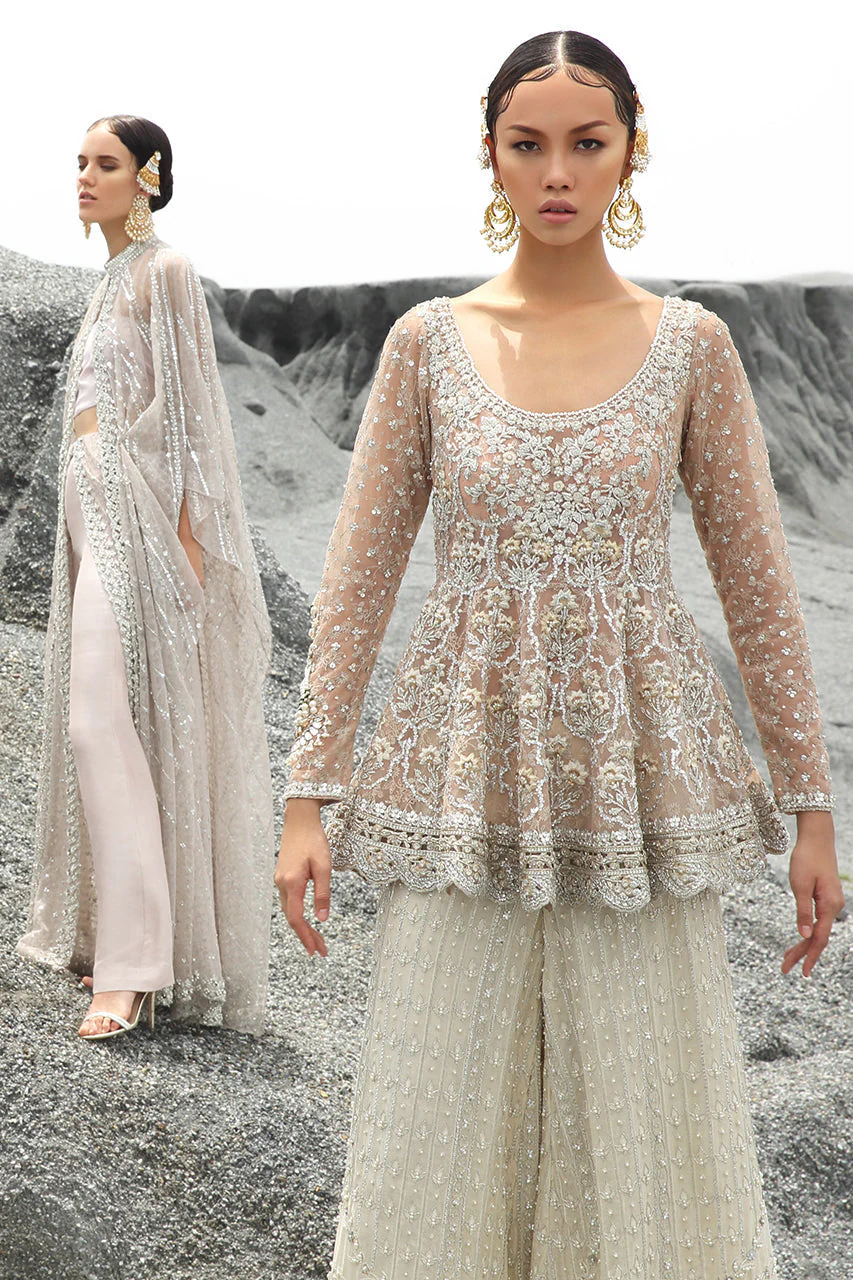 Hand Embellished Net Peplum With Cutwork Hemline - Image 4